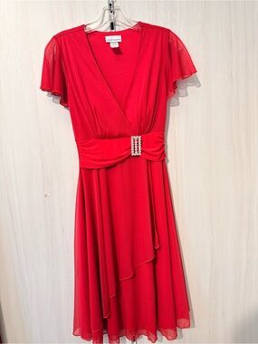 Red High-Low V-Neck Dress with Rhinestone Waist